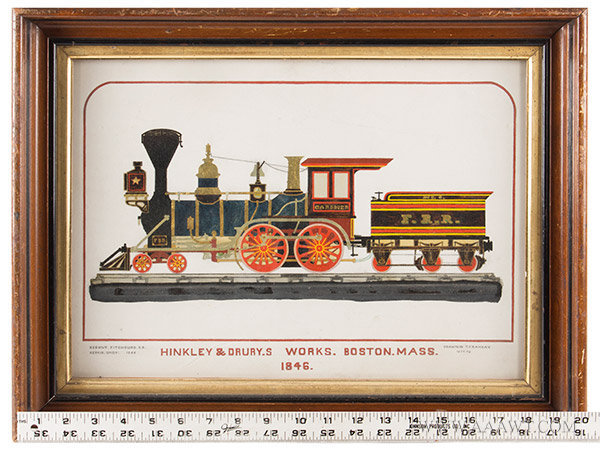 Locomotive, Mixed Media Painting, Hinkley & Dury's Works, Boston
Fitchburg Railroad
American, 19th Century, Signed T.F. Ramsay 1877 to 1888, scale view